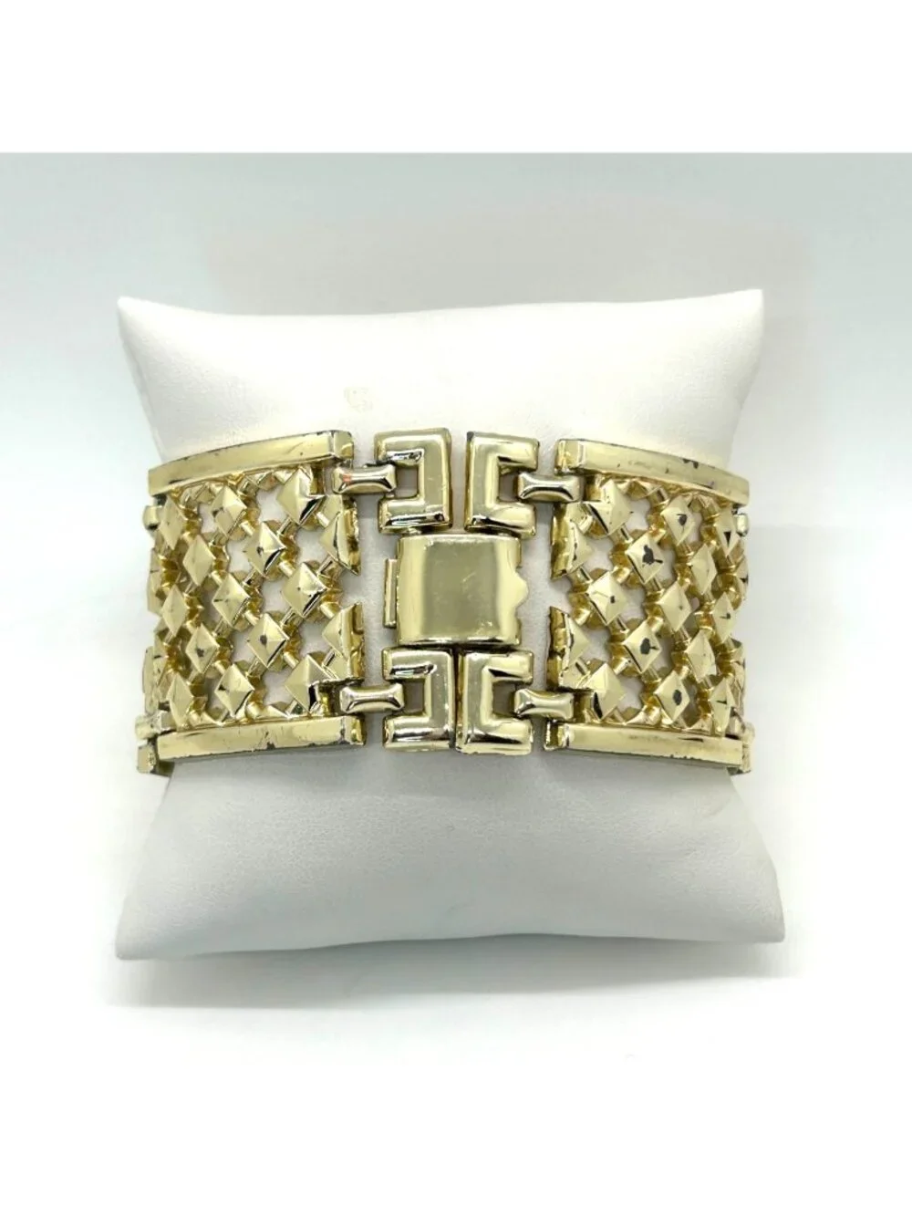 Wide Panel Bracelet Gold-Tone Statement With Fold-Over Clasp 7.5 